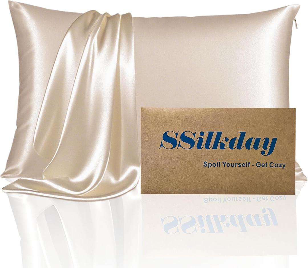 2 x Mulberry Silk Pillow Cases with Zipper, Ultra Smooth Soft Breathable Cooling Pillow Cases for Hot Sleepers, Silk Satin Pillowcase for Hair and Skin, Gifts for Women (Champagne, Standard Size, 1 Pack) (Standard - 2026 Inch)