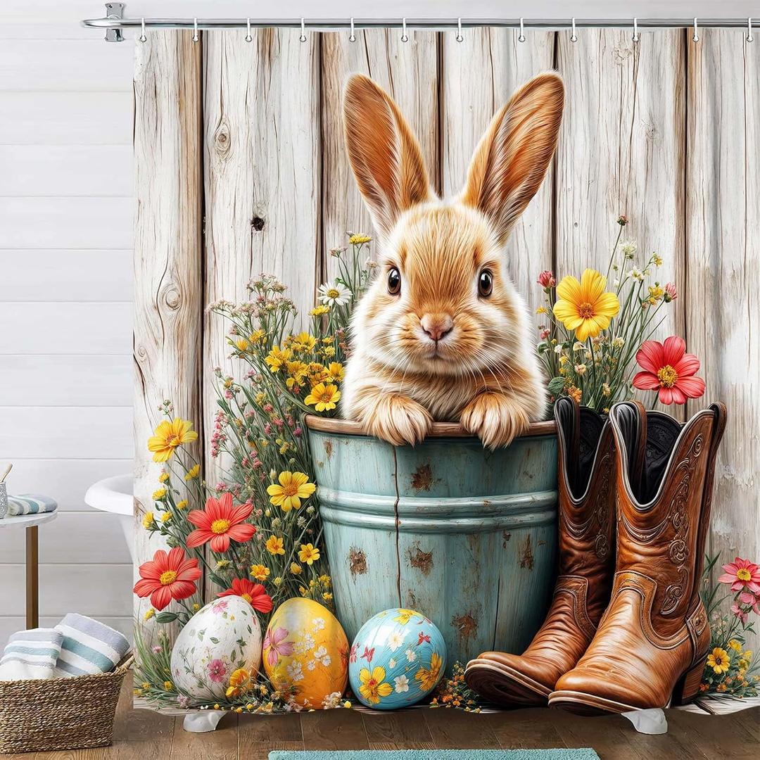 Easter Bunny Shower Curtain Farmhouse 72x72 Inch Funny Spring Cute Rabbits Eggs Western Boots Flower Floral Rustic Wooden Bath Curtain, Bath Decor Waterproof Fabric Bathtub Curtains 12 Hooks