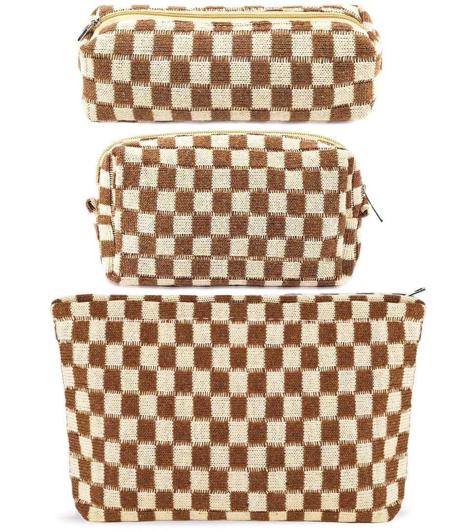 ZLFSRQ 3Pcs Checkered Makeup Bag for Women Large Small Checkered Cosmetic Bag Set Aesthetic Preppy Pencil Case Cute Pencil Pouch Brown Makeup Pouch for Purse Travel Toiletry Bags Zipper Skincare Bags