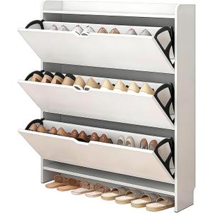 Ultra-Slim Storage Cabinet for Entryway, 6.7 Narrow Organizer with 3 Flip Drawers, Wall-Mount Anti-Tip Design, Modern White Shoe Cabinet(White,45.3" H31.5" W6.7" D)