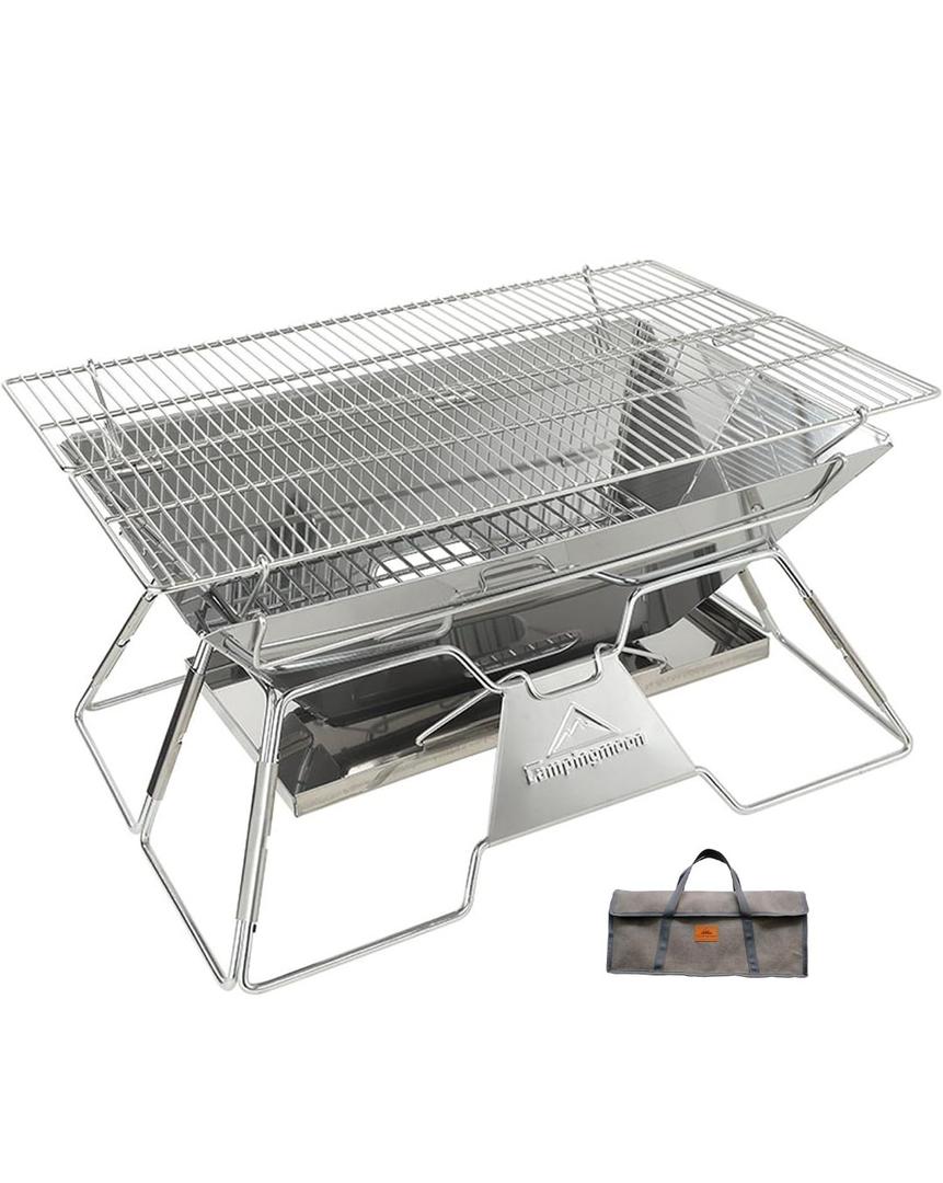 CAMPINGMOON Large Portable Campfire Fire Pit BBQ Grill Stainless Steel Foldable Collapsible Wood Burning Charcoal Grill for Heavy Duty Outdoor Cooking RV Camping, 20x13-inch, Carry Bag included MT-3