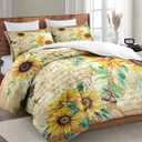 WeCozy Queen Size Comforter Set with 2 Pillowcases, Flower Rustic Thanksgiving Soft 3 Pcs Bedding for Kids and Adults, Sunflower Floral Yellow Comforter Set for Bedroom Bed Decor