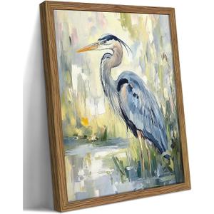 Framed Blue Heron Wall Art, Vintage Coastal Bird Pictures Wall Decor, Nature Wildlife Animal Oil Painting, Rustic Wetland Landscape Canvas Prints for Living Room Bathroom Bedroom – 16x24in