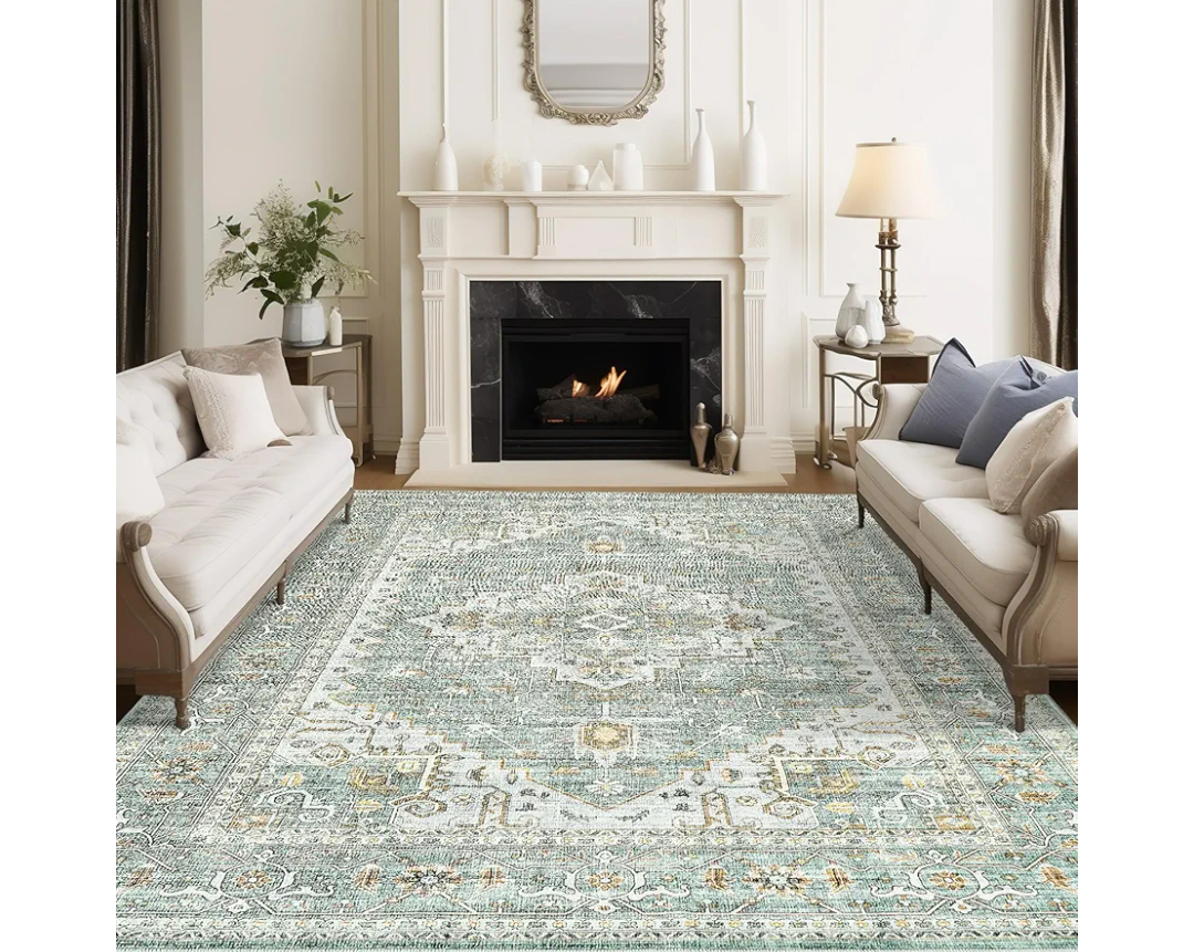 8x10 Area Rugs for Living Room, Stain Resistant Neutral Washable Rugs for Dining Room, Floral Vintage Non-Slip Thin Large Size Area Rug （Green