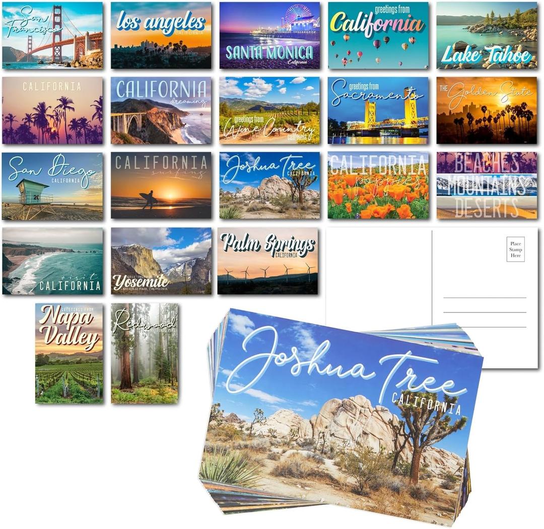 40 Pack Vintage California Travel Postcards, 20 Designs Bulk Set (4x6 In)