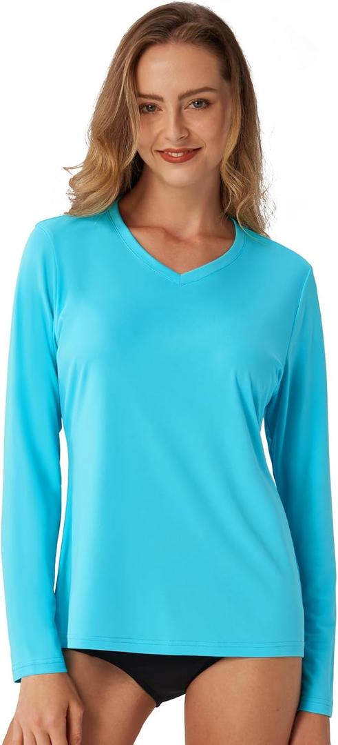 Women's Standard V-Neck UPF 50+ Long Sleeve Swim Rash Guard Shirt (Blue, XL)