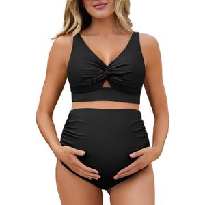 Summer Mae Twist Maternity Bikini Two Piece Pregnancy Swimsuits Cutout Bathing Suit High Waisted Ruched Swimwear (4, Black)