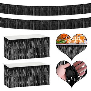 4P Metallic Foil Fringe Banner Tinsel Table Skirts for Rectangle Tables Backdrop Tinsel Banner Garland Curtains for Parade Floats Wedding Graduation Anniversary Birthday Parties Decoration (Black)