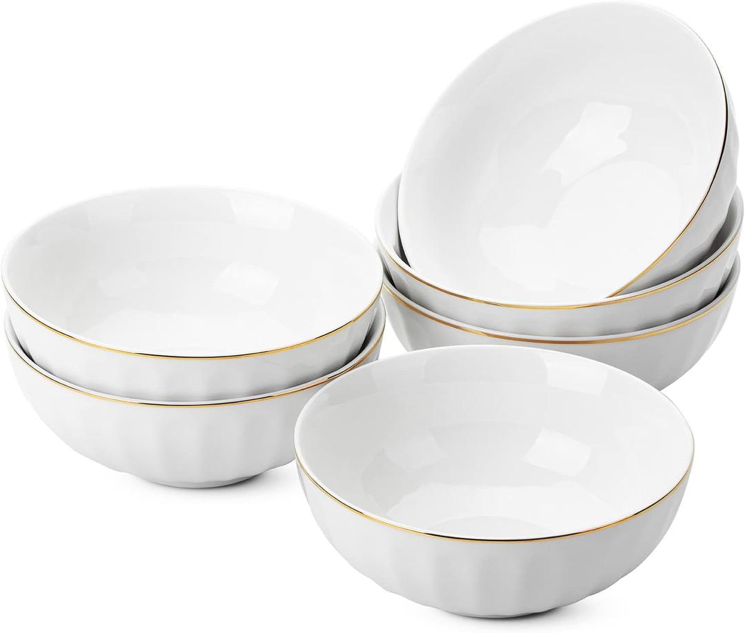 Brew To A Tea BTaT- Soup Bowls, Set of 6, 16 Ounces, White Porcelain with Gold Trim, Bowls for Kitchen, Kitchen Bowls, Salad Bowls, White Bowls, White Cereal Bowls, Breakfast Bowls, Bowl Set