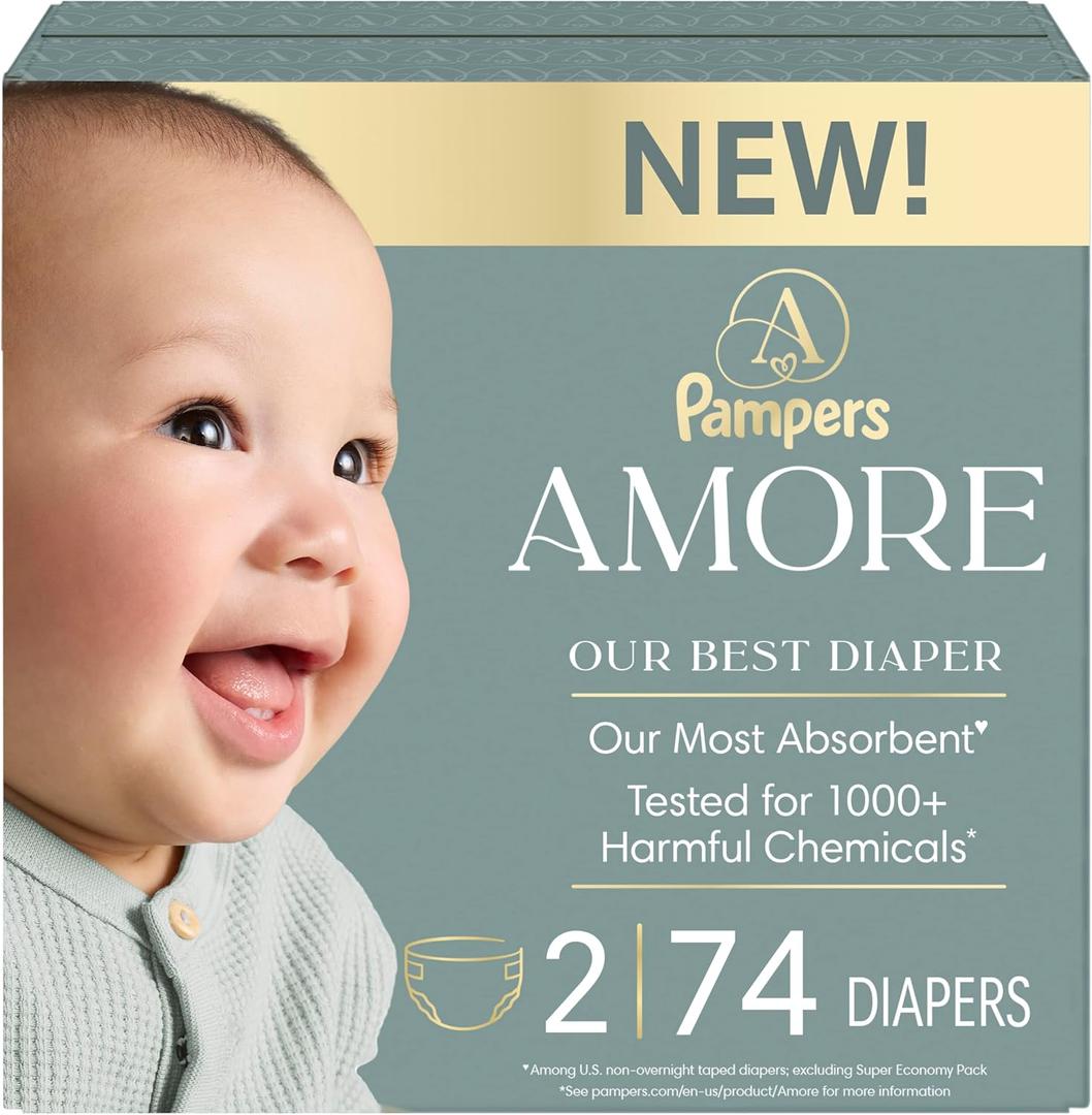 Pampers Amore, Size 2 (10-22 lbs), 74 Count, Our Best Diaper Hypoallergenic & Fragrance Free, Up to 100% Leakproof, Soft as Cashmere