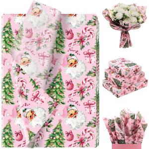 100 Sheets Pink Santa Tissue Paper, Santa Claus Xmas Tree Berries Bell Patterns Decorative Art Paper for Winter Home Party DIY Crafts Christmas Party Supplies, 13.8 x 19.7 Inch
