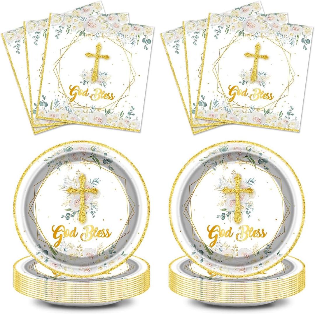 2 x God Bless Plates and Napkins Baptism Theme Party Supplies, First Holy Communion 20 Plates, 20 Napkins for Newborn Baptism Church Cross Party Decoration