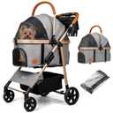 Dog Cat Stroller for Small/Medium Pets up to 50 lbs, 3-in-1 Foldable Pet Stroller with Detachable Carrier, Car Seat, Storage Basket, Cup Holder, Hanging Bag, Rain Cover, All-Terrain 4 Wheels (Grey)