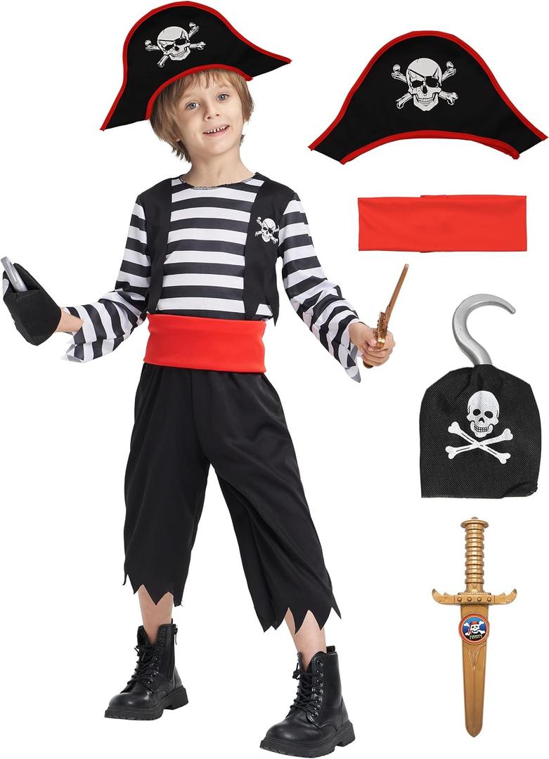 IKALI Pirate Costume for Kids Boys,Toddler Pirate Role Play Dress Up with Bandana, Cutlass, Hat 3-10 Years (Black)