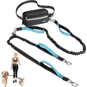 VavoPaw Hands Free Dog Leash for 2 Dogs with Pouch, Waist Leash for Dog Walking, Jogging, Hiking, Retractable Leashes with Dual Padded Handles, Adjustable Reflective Belt for Small, Medium, Large Dogs (Black/Blue)
