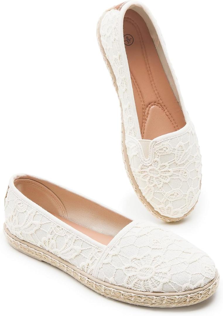 BABUDOG Women's Flats with Flower Embroidery,White Lace Ballet Flats, Comfortable Dress Flats (9.5, Nude)