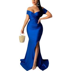 Women Sexy Off Shoulder Elegant V Neck Short Sleeve Wrap Formal Evening Gowns High Split Mermaid Party Cocktail Dress, Size XL