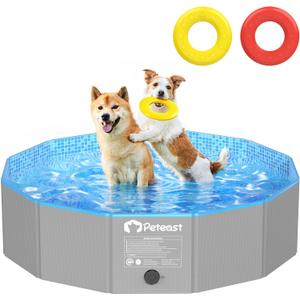 Peteast Foldable Dog Pool with 2 Flying Disks, Durable Hard Plastic Dog Swimming Pools for Large Dogs, Collapsible Pet Pool for Backyard & Indoor, Ideal Kiddie Pools for Dogs and Kids, 48 in