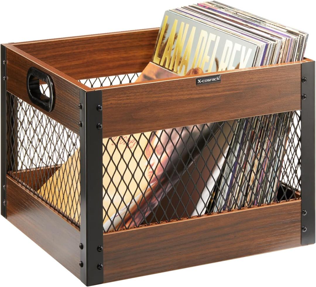 X-cosrack Vinyl Record Storage Crate, Wooden LP Album Shelf Vinyl Storage Cube Organizer Box (Brown, black)
