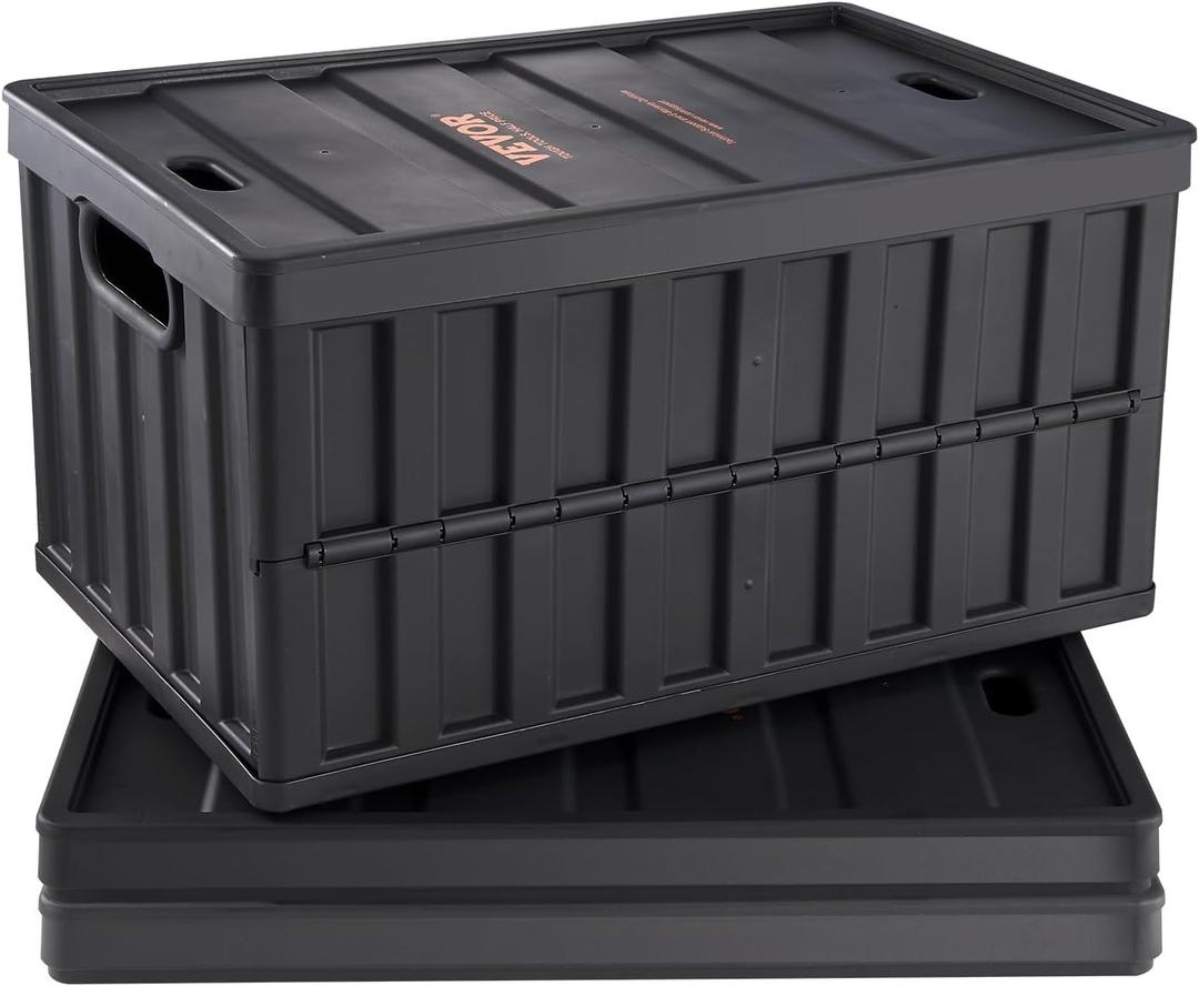 VEVOR 65L Collapsible Storage Bins with Lids Pack of 3, Stackable Utility Crates with Handles, Large Folding Containers for Organizing Tools, Books, Food, Drinks, Camping & Transport
