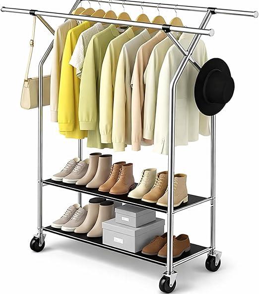 Heavy Duty Clothes Rack,Double Rods Clothing Rack for Hanging Clothes,Rolling Clothing Racks with Wheels,Metal Garment Rack for Bedroom Laundry Living Room,Silver