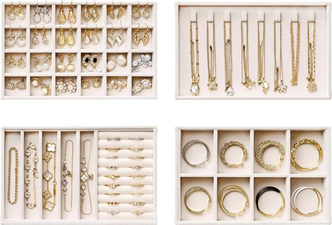 Velvet Jewelry Drawer Organizer Trays  Beige Stackable Jewelry Storage Inserts Set, 4-Layer Jewelry Tray Set for Earrings, Rings, Necklaces, Bracelets with Removable Dividers for Dresser & Vanity
