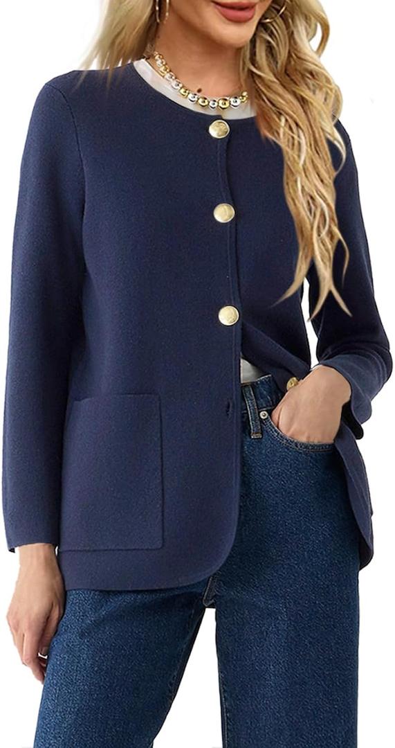 Langwyqu Womens Crew Neck Cardigan Sweaters Blazer Long Sleeve Knit Jacket (L)