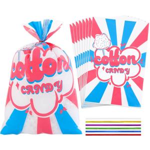 GraceKit 100 Pcs Carnival Cotton Candy Bags 14 x 20 Inch Clear Bags with Ties for Cotton candy with Print Circus Carnival for Carnivals Circus Party Favors Supplies Party and Kitchen