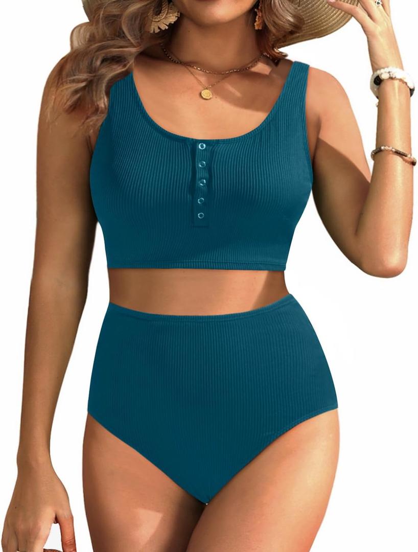 Aqua Eve Women High Waisted Bikini Set Racerback Swimsuit Two Piece Bathing Suit High Neck Swimwear Button-Teal L