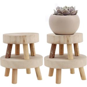 4 PCS Mini Wooden Stool Plant Stand, Small Plant Display Stool, Wood Plant Riser Stands, Round Wood Plant Holder for Indoor and Outdoor Home Decor, 2 Sizes