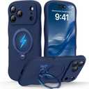 360 Spin Silicone Stand (Pro-Version) for iPhone 17 Pro Max Case: Cute Wavy [Full Camera Protection] (Fit for MagSafe) Shockproof Women Girl Phone Case for iPhone 17 Pro Max 6.9", Midnight Blue