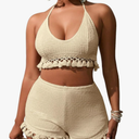 Women's 2 Piece Outfits Tassel Trim Backless Halter Crop Top and Elastic Waist Shorts Sets Top 17inch Shorts 19x14