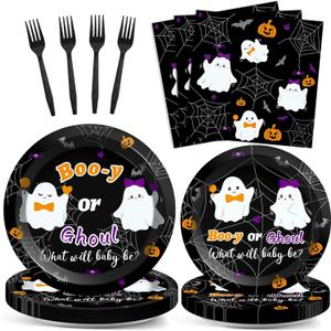 96PCS Halloween Gender Reveal Party Decorations Booy or Ghoul Ghost Tableware Set Supplies for 24 Guests Halloween Gender Reveal Plates Napkins Forks for Boys or Girls Baby Shower Party Favors