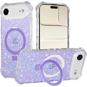 Magnetic for iPhone Air Case with Invisible Stand, Compatible with MagSafe, Clear Bling Sparkle Shockproof Slim Anti-Slip Military Drop Protection Hard Phone Case 6.5" Glitter Purple