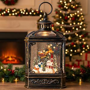 Christmas Snow Globe Lantern Musical Lighted Snow Mountain Snowman Village Water Lantern with Swirling Glitter Decoration for Christmas Home, Living Room, Batter Operated or USB Powered