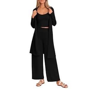 PRETTYGARDEN Women's Fall 3 Piece Pajamas Lounge Sets Ribbed Knit Long Cardigan Cropped Tank Tops Wide Leg Pants (Black, Large)