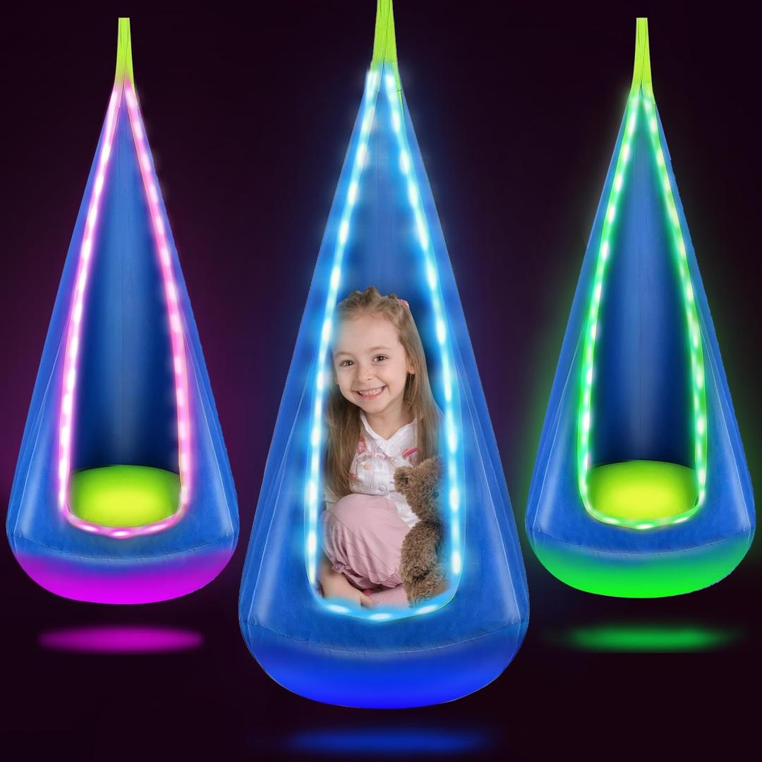 Bghdas Light Up Kids Pod Swing Seat, Hanging Hammock Chair with LED Lights, Upgraded Cotton Child Sensory Swing Seat, Sensory Swing for Autistic Kids Indoor & Outdoor Play (Blue)