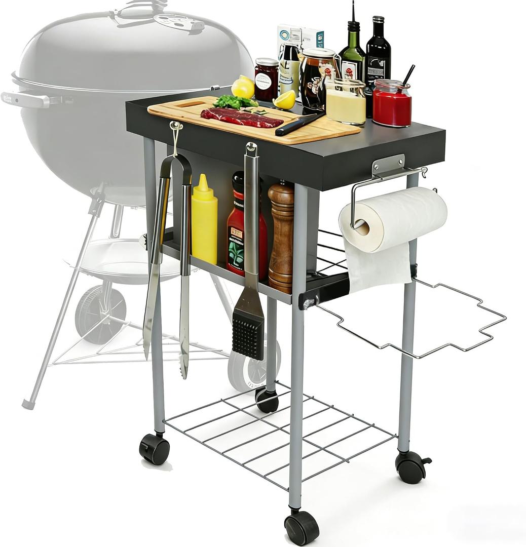 Rolling Grill Side Table Cart for 18"/22" Weber Charcoal Kettle Grills - Outdoor Prep Stand with Wheels, Mesh Storage Racks for Backyard BBQ, Camping, Parties