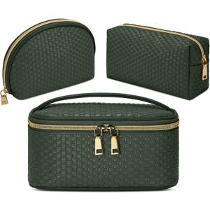 KTMOUW Makeup Bag 3 Pcs Waterproof Cosmetic Bag Set Portable Travel Cosmetic Bag Multifunction Organizer Storage Bag Weave Toiletry Bag for Women, Deep Green
