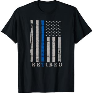 Retired Police Officer Thin Blue Line Flag Retirement T-Shirt (Black, S)