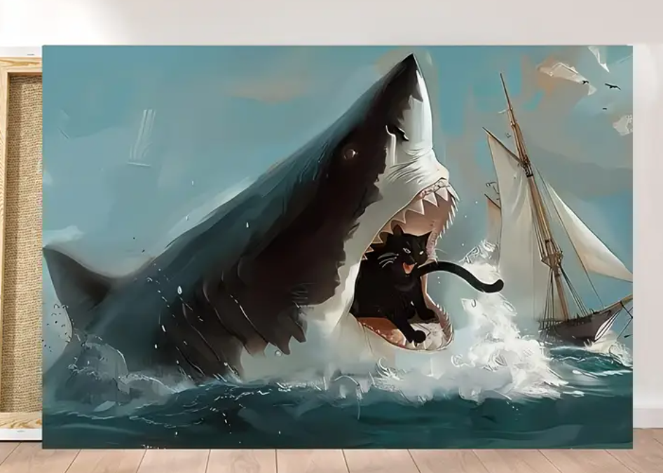 PPV Funny Cat Canvas Wall Art Black Cat vs Shark Painting Picture Wall Decor An unexpected feast oil painting Poster Print for Bathroom Living Room Bedroom pet store apartment Home Decoration