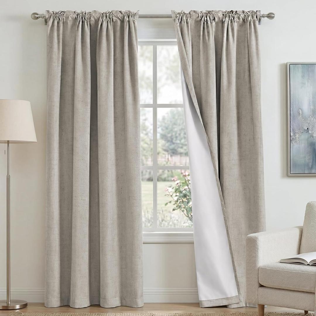PrinceDeco 100% Blackout Curtains 95 inches Long Rod Pocket Primitive Linen Textured Curtains with White Liner Heat and Full Light Blocking Drapes for Bedroom,2 Panels(52 x 95 Inch, Stone)