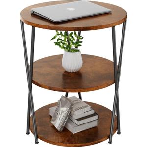 Big Side Table, 3-Tier Large Size Round End Table with X-Leg Design, Nightstand Bedside Table for Living Room, Bedroom, Drink Table Coffee Table for Patio, Indoor Outdoor Use, 16.5''x16.5''x22.8'' (Brown+black)