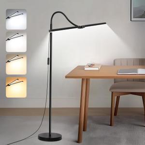 LED Floor Lamp, 18W/2000LM Bright Reading Floor Lamp for Office with Double Head, Adjustable Gooseneck Dimmable Modern Standing Light for Lash Extension Craft, Eye Caring Floor Lamps for Living Room (Black)