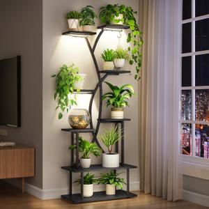 Plant Stand Indoor with Grow Lights - 8-Tier Metal Wooden Plant Shelf Indoor, 64.24" Tall Plant stand, Corner Plant Stand for Living Room, Balcony, Patio & Corner (Black)