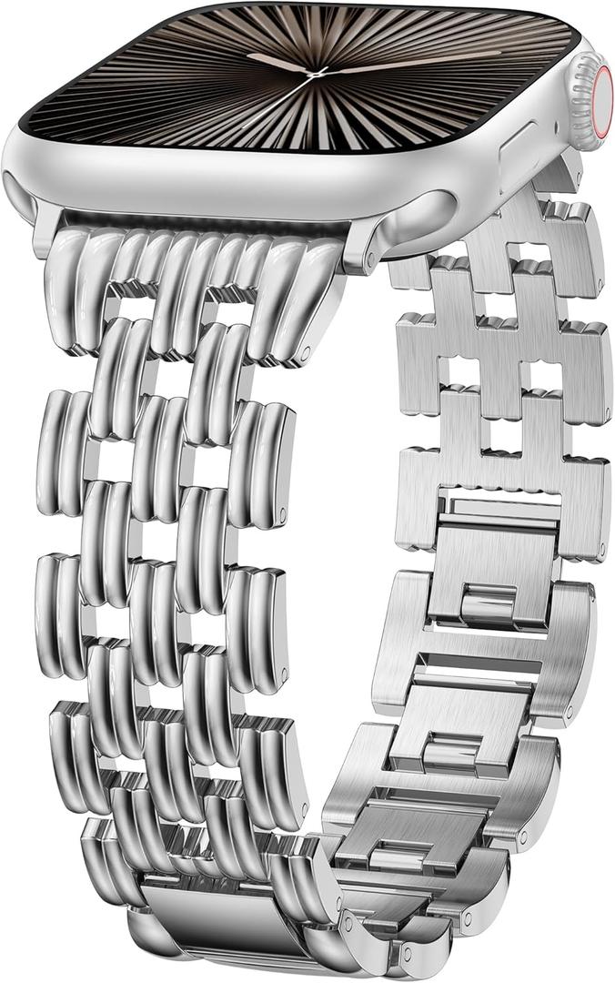Minyee Compatible with Apple Watch Band Women 42/41/40/38/44/45/46/49mm, Dressy Starlight Gold Shiny Basketweave Designer Stainless Steel Metal Strap for iWatch Series 11 10 9 8 7 6 5 3 2 1 SE Ultra (Silver)