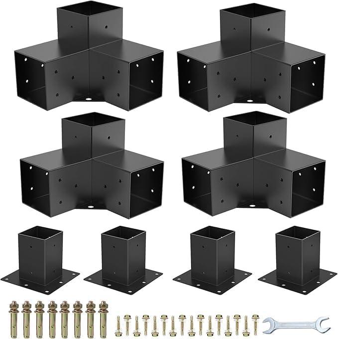 pergola Brackets 6x6Woodworks Pergola kit Modular Modern Outdoor Pergola Hardware Kit DIY Elevated Wood Stand kit Includes 4 Bracket Shoulders 4 Boots for 6x6 (Actual: 5.5x5.5 Inch) Lumber (6x6inch 3-Way Corner Brackets & Base)