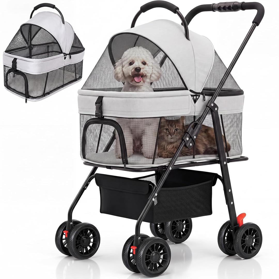3 in 1 Pet Carrier Stroller with Detachable Carrier, Full Window Mesh, Large Storage Bag, Rear Brake,Foldable Dog & Cat Stroller for Small/Medium Dogs up to 33 lbs, One-Touch Folding and Storage
