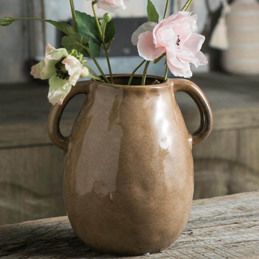 Tanvecle Brown Ceramic Vase with 2 Handles, Modern Farmhouse Decor, Rustic Terracotta Pottery, Decorative Flower Vases, Clay Small Vase, Centerpiece for Dining Table - 7 Inch Tall