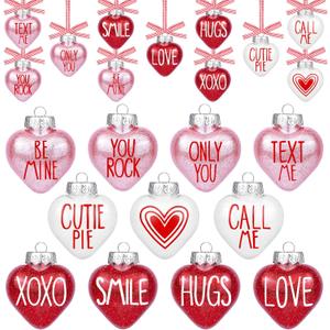 11 Pcs Valentines Day Heart Ornaments, 2.4 Inch Red Pink White Valentine's Heart Shaped Baubles Decorations Glitter Conversation Hearts Hanging Ornament for Tree Home Galentines Party Supplies